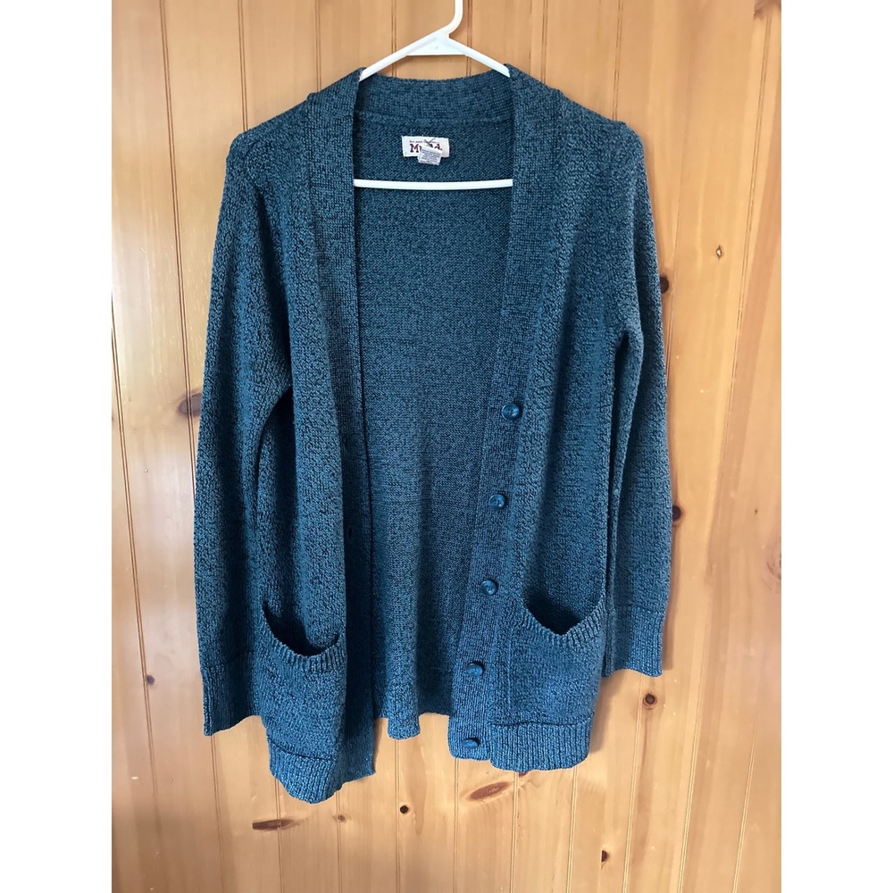 Y2K Mudd Teal Blue Marled Knit Button Front Cardigan Grunge Sweater Pockets M